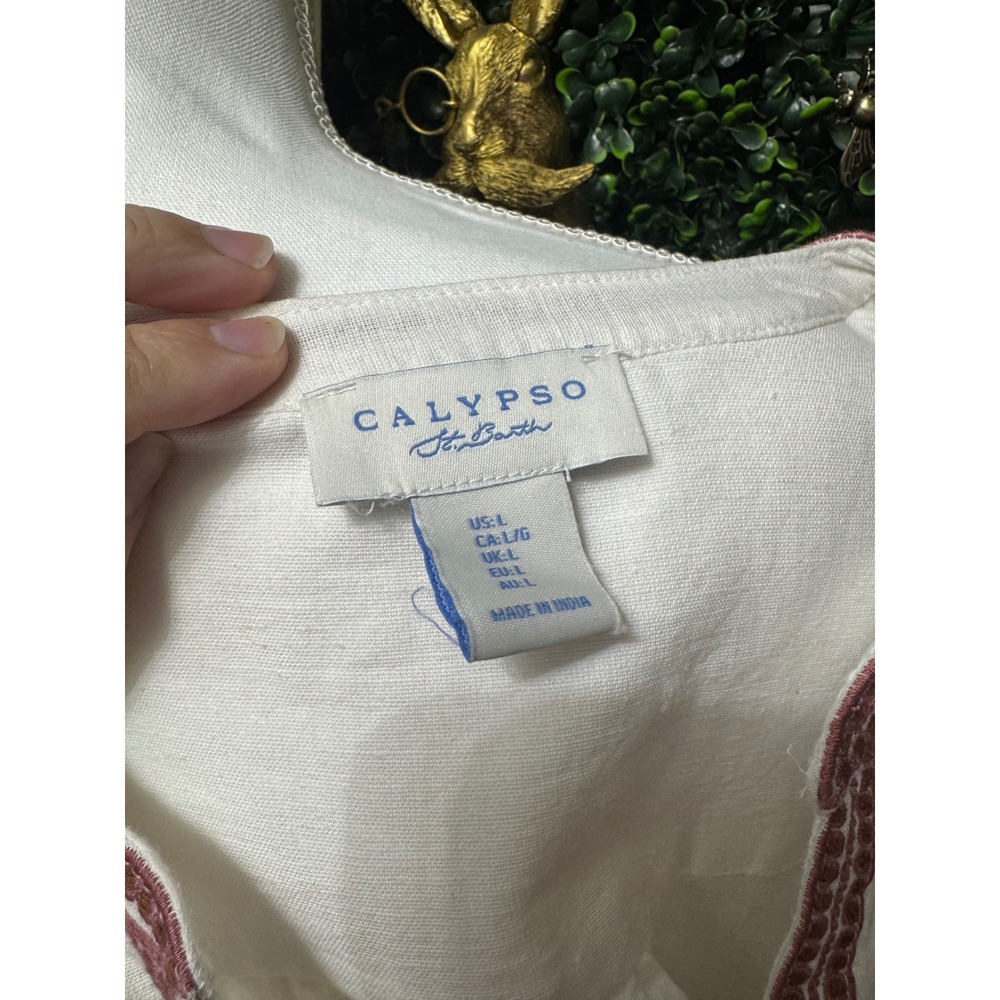 Calypso Floral Embroidered Cotton Flax Peasant Blouse White Boho Womens Largr - Picture 7 of 8